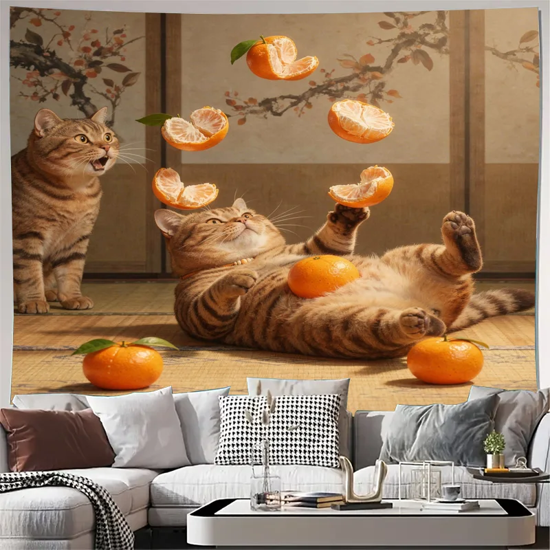 Cozy Cat Orange Slice Tapestry Wall Hanging Boho Farmhouse Citrus Fruit Art Print Home Decor Modern Kitchen Living Room Accent