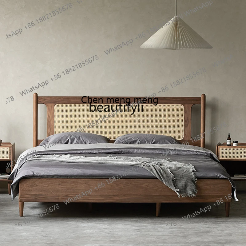X Modern Minimalist Solid Wood Bed Home New Chinese Style Black Walnut Color Rattan  Retro  Double Bed Small Apartment