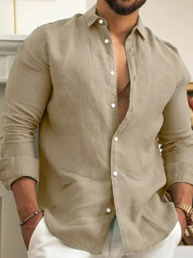 2025 Cotton and Linen Solid Color Men's Shirt Youth Casual Europe and The United States