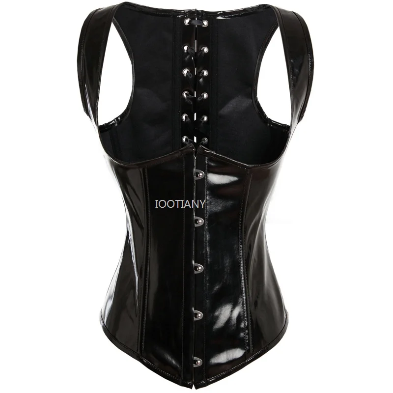 PU Leather Steampunk Bustier Body Shaper With Straps Black Shiny Leather Steel Button Corset Patent Leather High Gloss Sexy Tops