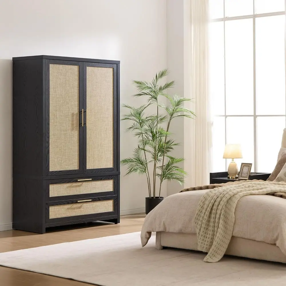 Interior view of Kuro Rattan Armoire with open hanging rod and lower storage drawers