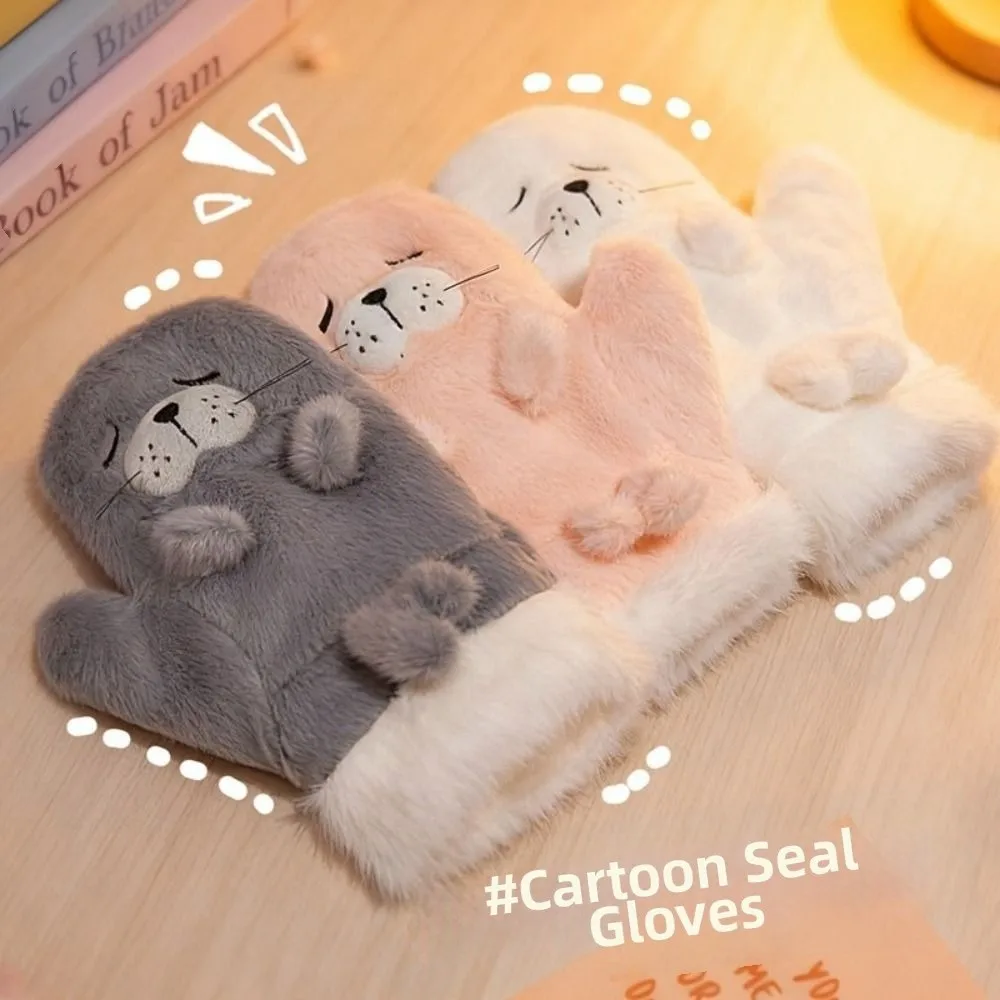 New Solid Color Full Finger Glovs Thicken Embroidery Animal Knitted Mitten Warm Wool Gloves Winter Autumn