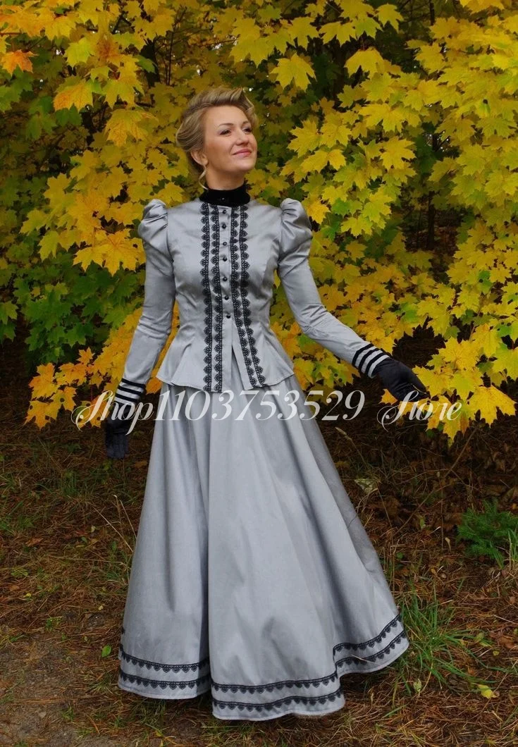 17th Century Prom Dress Vintage Grey Long Sleeve Small Jacket A-Line Dress Two Piece Renaissance Ball Gowns vestido festa