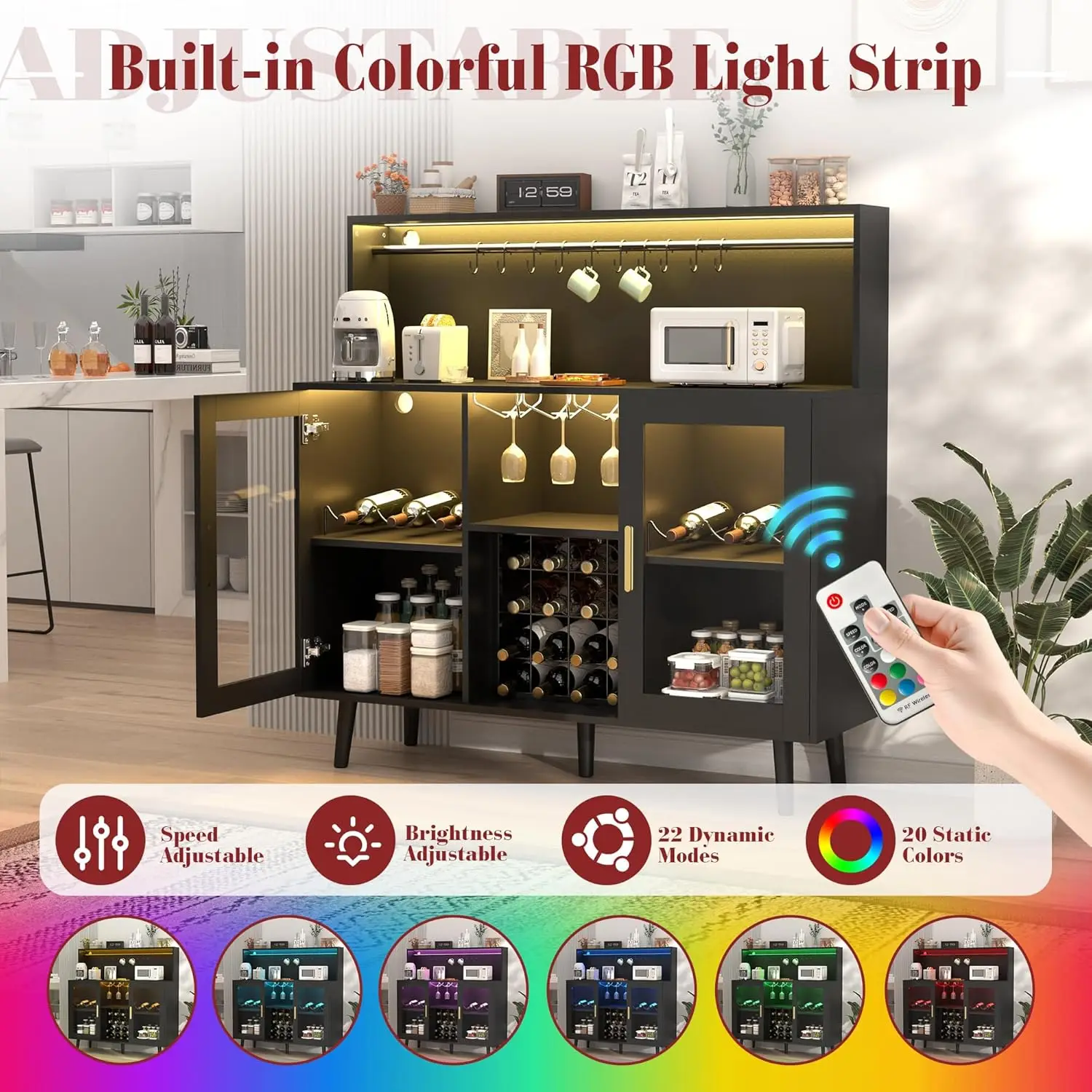 Mueble Bar para Café y Vino con Luces LED, Estante para Copas y Almacenamiento Extraíble, Buffet para Sala de Estar, Comedor y Cocina, Negro, Personalizable