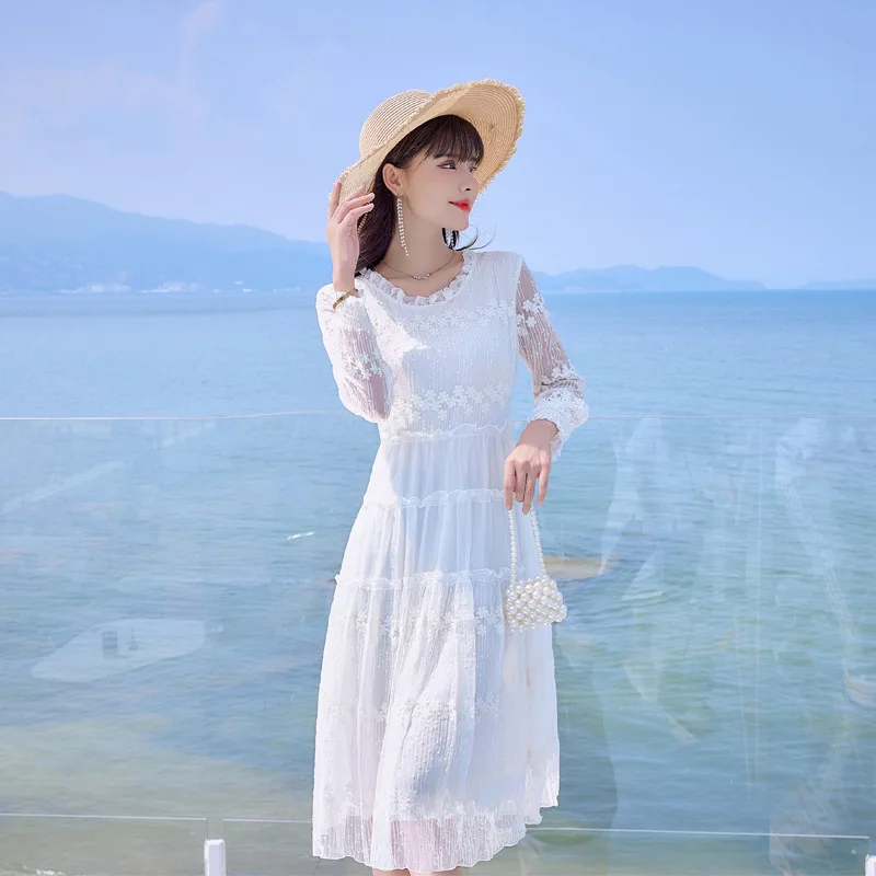 

2024 New Silk Dress Women Mulberry silk Embroidered Flower Elegant Long-sleeved Mid-length Skirt Vacation Beach Dress 28046
