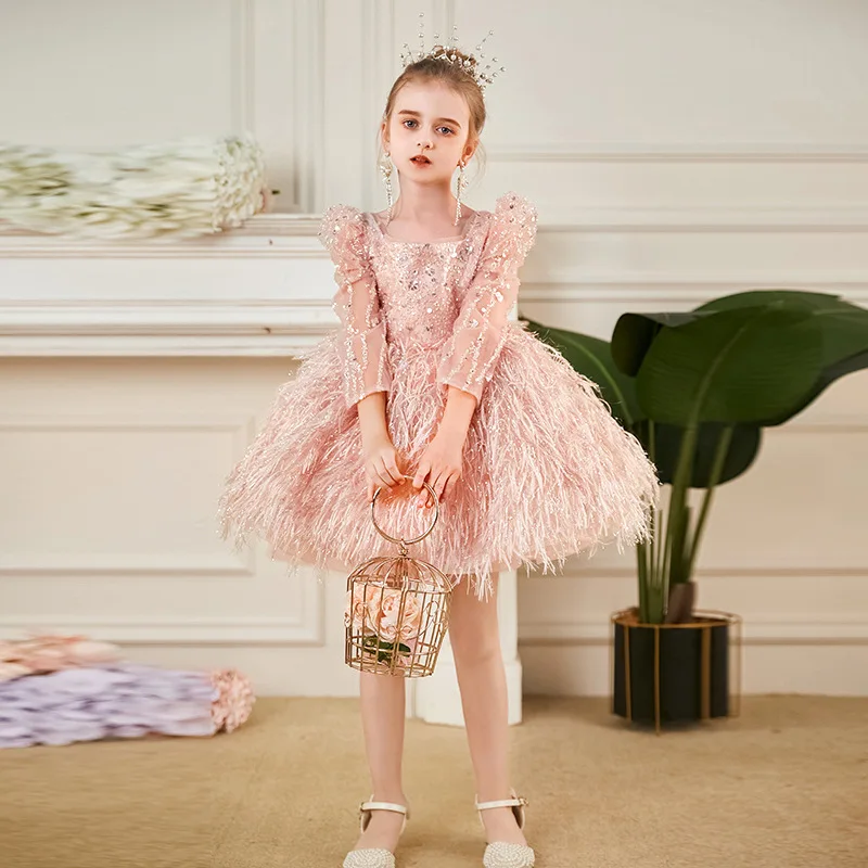 Luxury Pink Crystals Puffy Flower Girl Dresses 2023 Square Neck Sleeves Sequined Kids Birthday Pageant First Communion Gowns