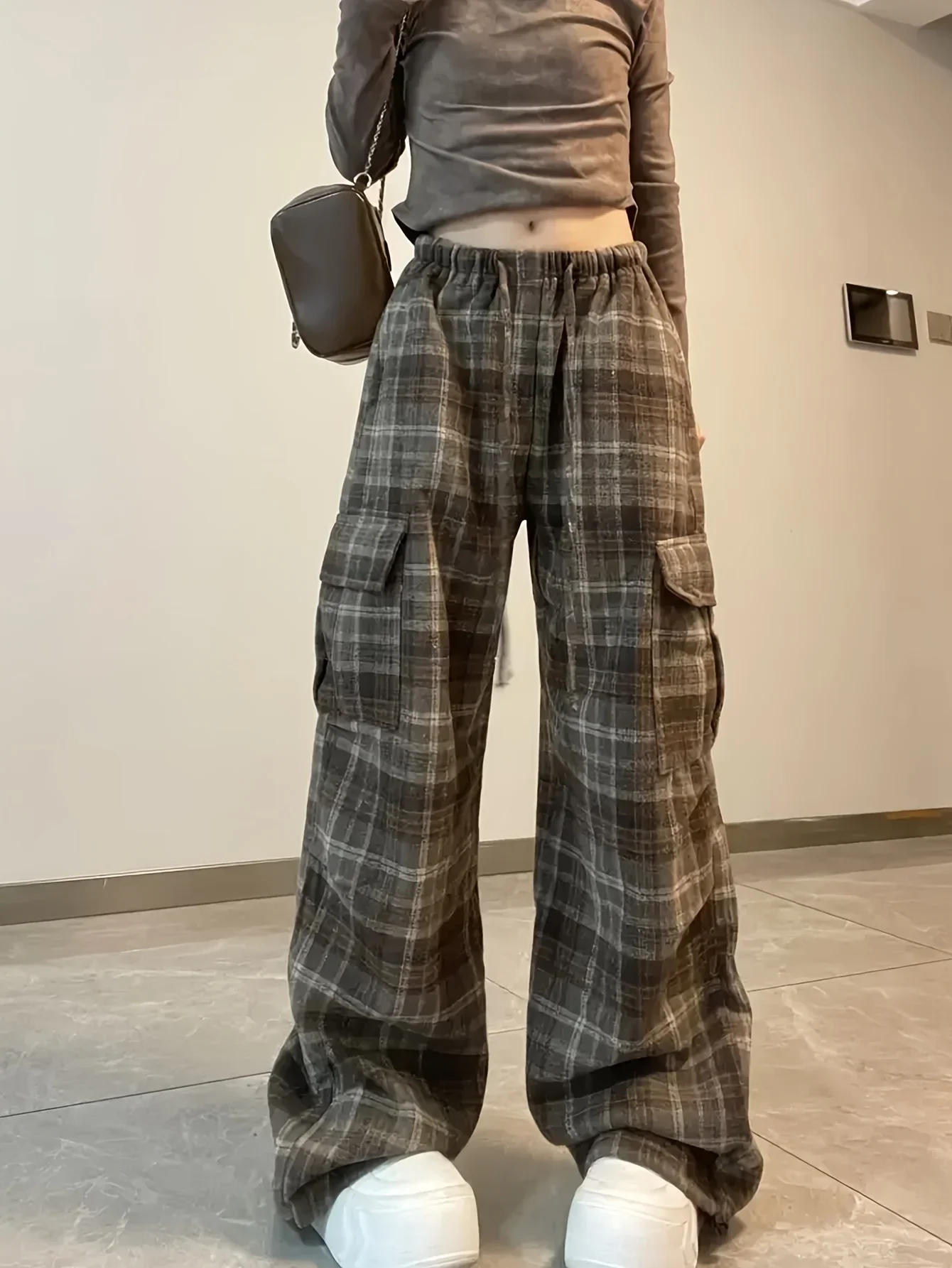 سراويل البضائع النسائية الأمريكية الرجعية، نمط الربيع والخريف، سراويل رياضية كاجوال منقوشة من الصوف #3