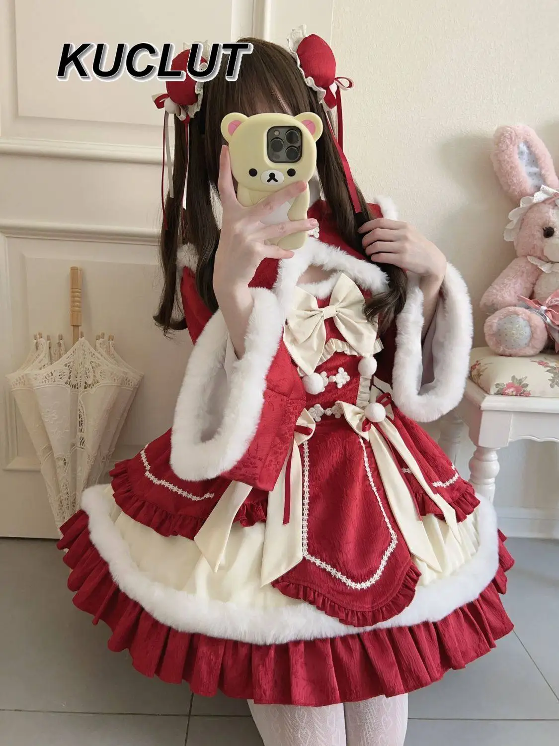

Women's Elegant Two Piece Sets Autumn and Winter Cute Sweet Fashion Lolita Style Girl Bow Long Sleeve Jacket Strap Dress Set