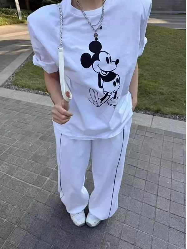 

American Style Streetwear round Neck Short Sleeve T-Shirt Women's Casual Padded Shoulder Retro Cartoon Mickey Print Summer Ne...