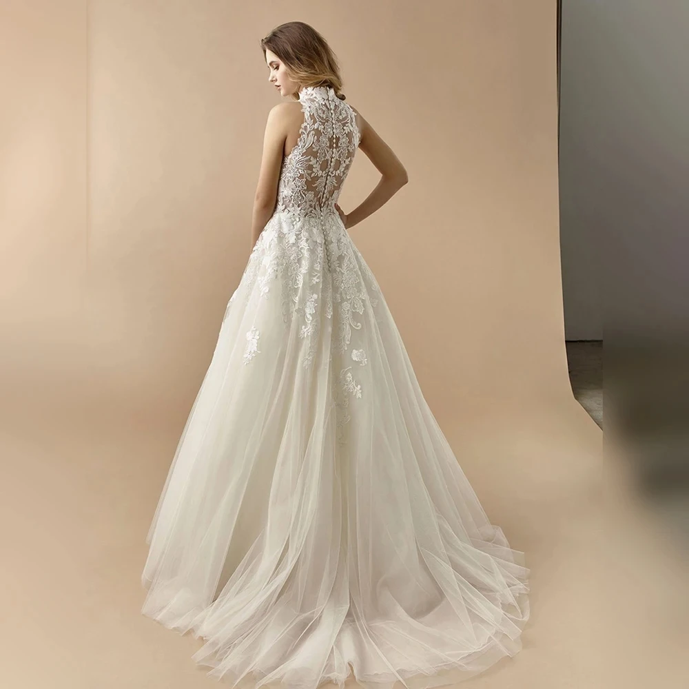 Haohao  Wedding Dresses For Woman Charming A-line High Neck Sleeveless Illusion Back Appliques Court Train Vestidos De Novia Cou