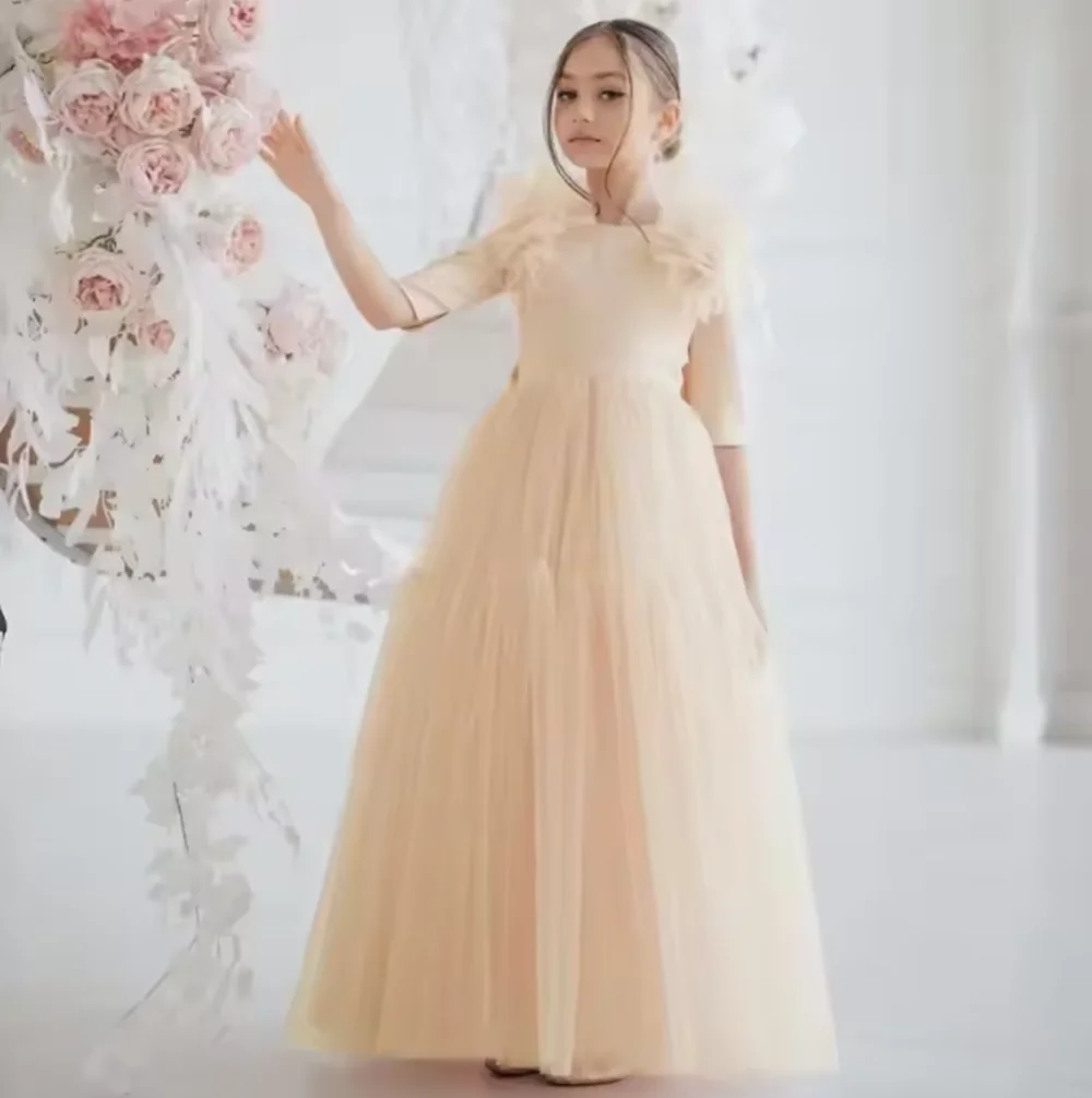 Vestidos rosas de flores para niña, tul con lazo, media manga para boda, fiesta de cumpleaños, banquete, vestidos de princesa