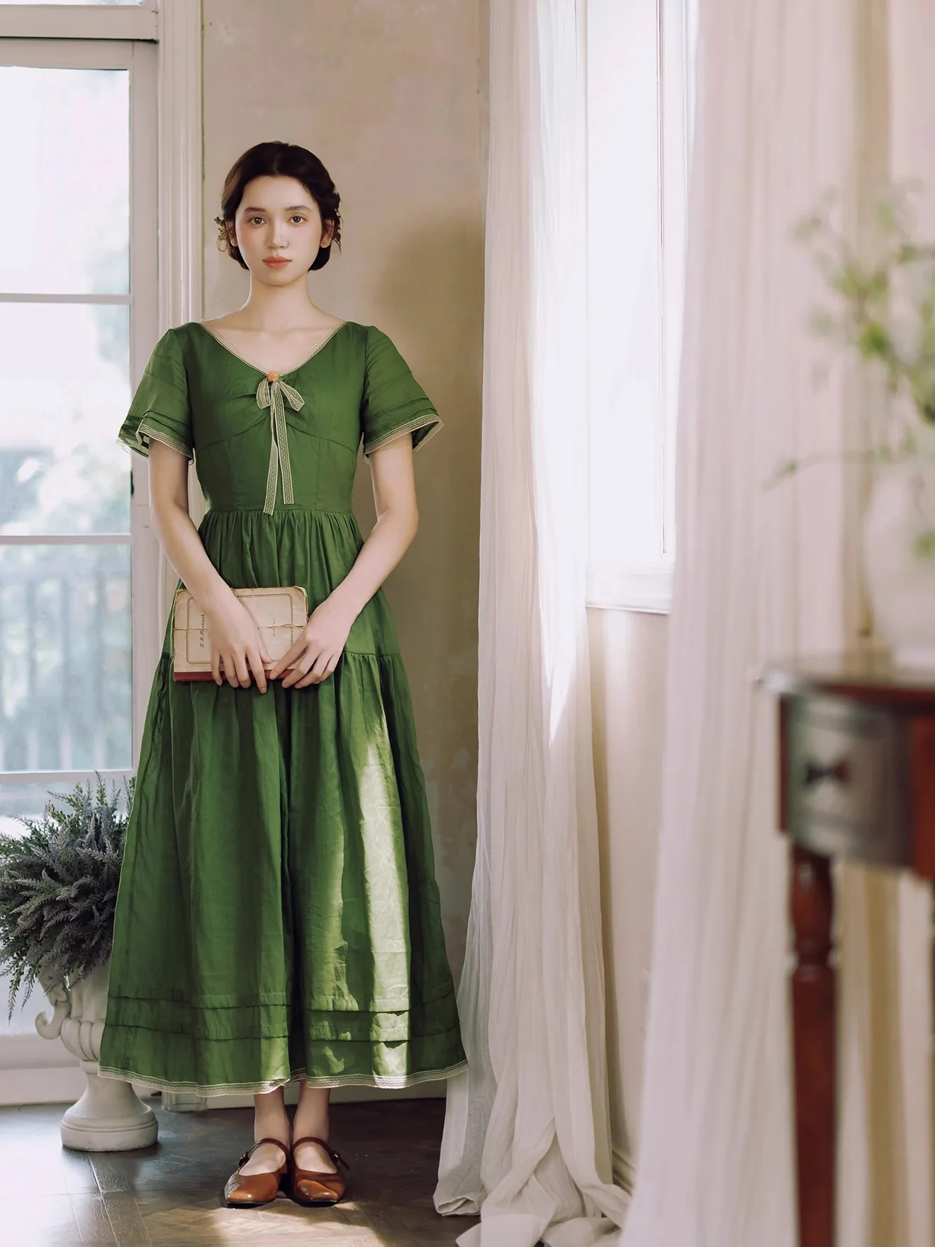 TIYIHAILEY Summer Women Ramie Cotton Dress Short Sleeve Long Maxi Ladies Size S-XL V-Neck Vintage Green High Waist Lace 2025 New