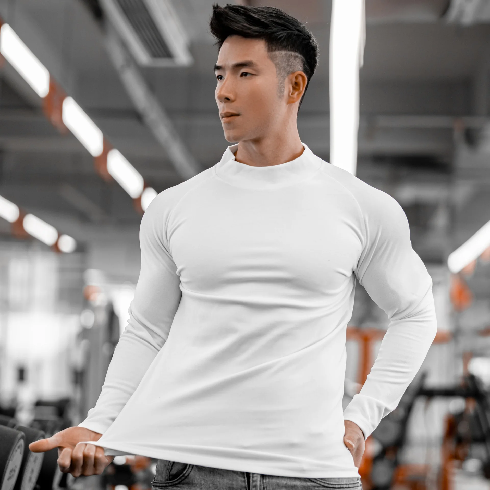 Men's Muscle Fit Thermal Fleece Long Sleeve T-shirt Solid Color Raglan Sleeve Autumn Winter Gym Running Workout Top