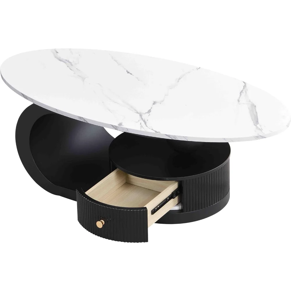 Modern 2-Piece Nesting Coffee Table Set - White Faux Marble Oval + Black Round Tables with Storage Drawer