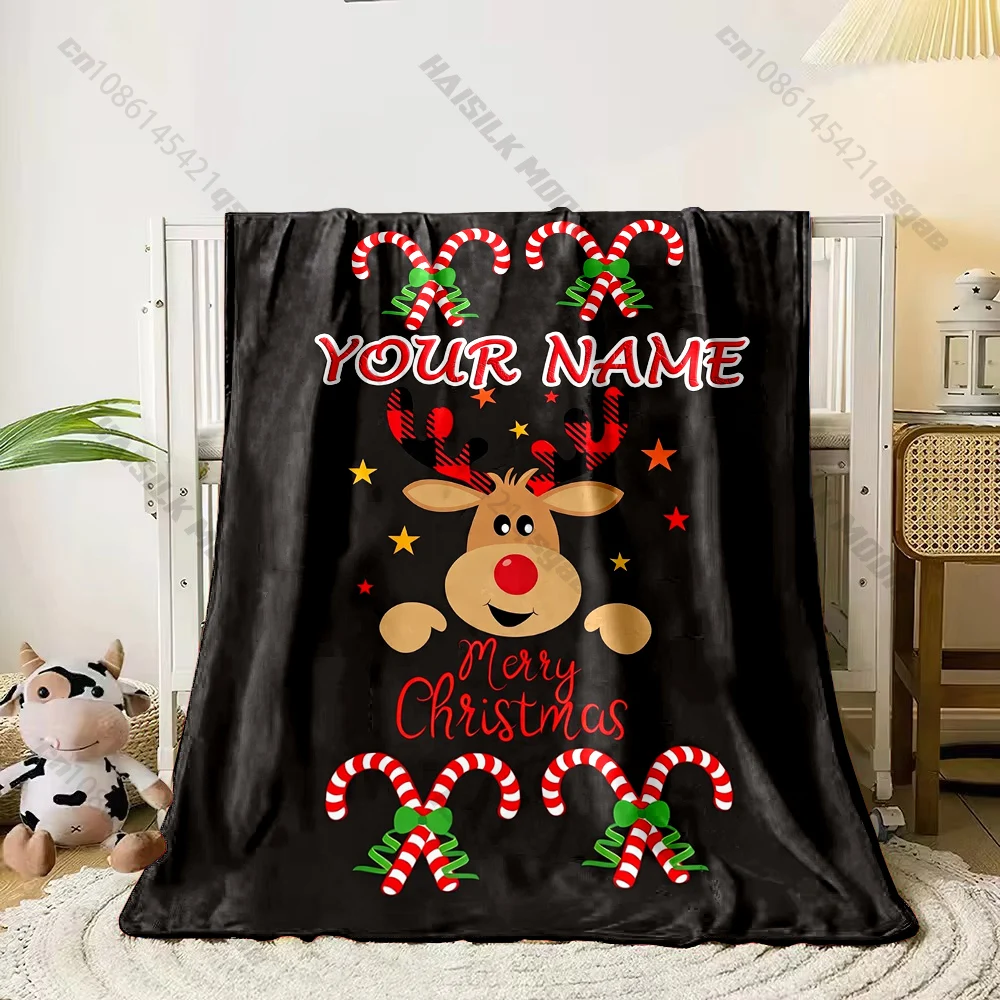 Custom Name Rudolph Reindeer Christmas Blanket Black Background Candy Cane Star Cartoon Flannel Sofa Blanket Children Xmas Gift