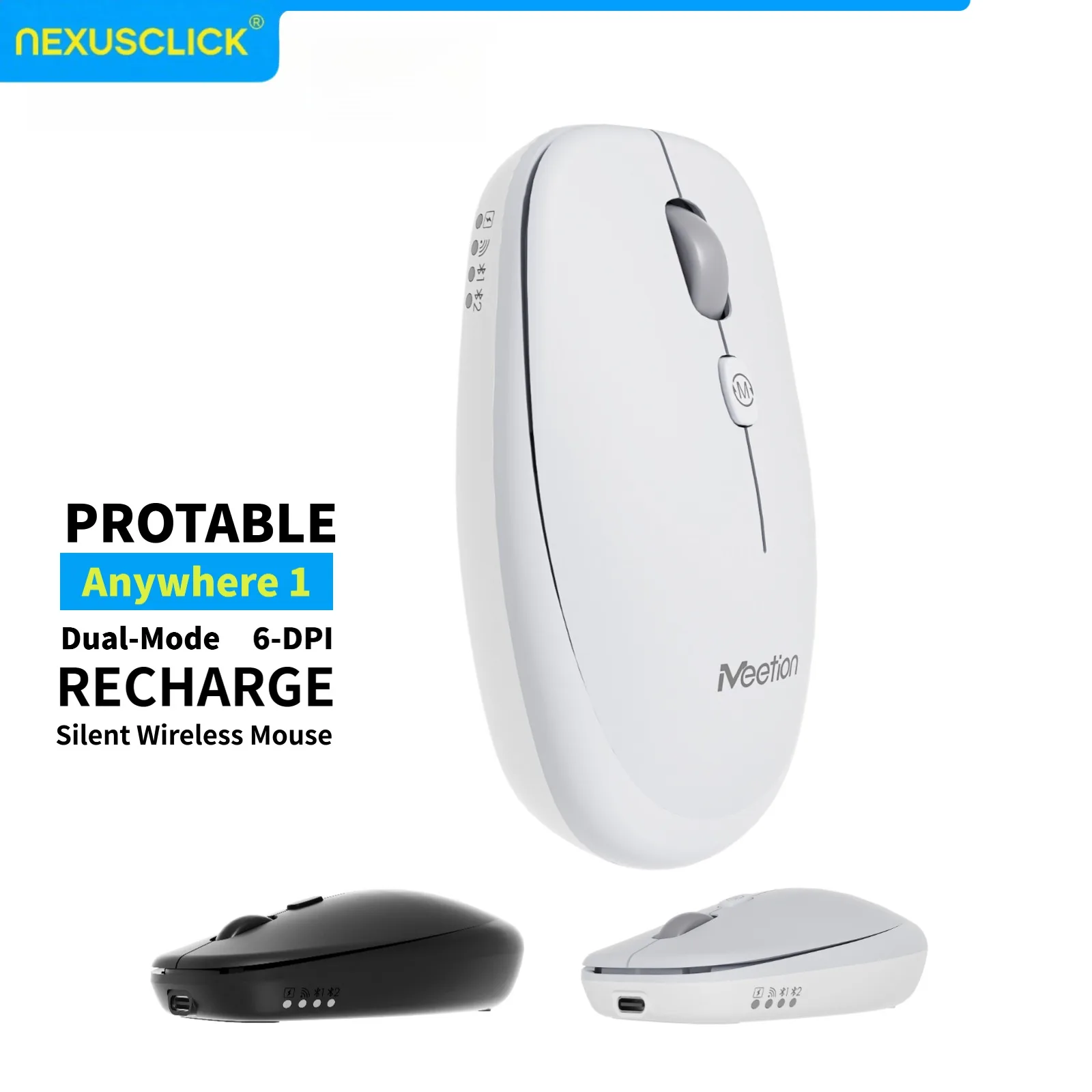 

NexusClick Rechargeable Silent Lightweight Wireless Mouse, Dual Mode,6-Level DPI,500mAh Battery,No Mouse Pad Needed,For PC MacOS