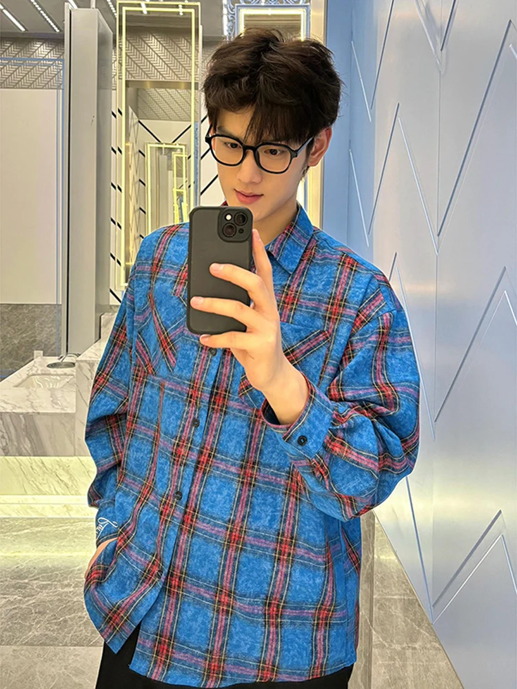 

Blue Plaid Long Sve irt Men's Spring Summer Trendy y Cleanfit Boys Outerwear Loose Fit Youthful Sle Moisture Wic...