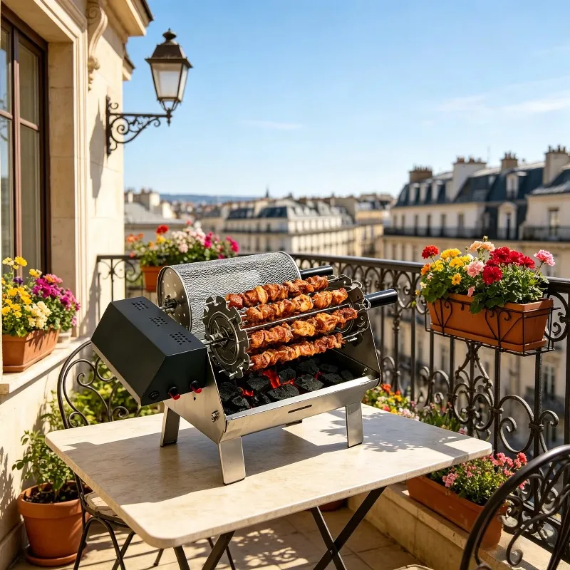 Heavy Double-Row Electric Rotating Charcoal Grill, Rustproof 304 Set for Terrace Dining