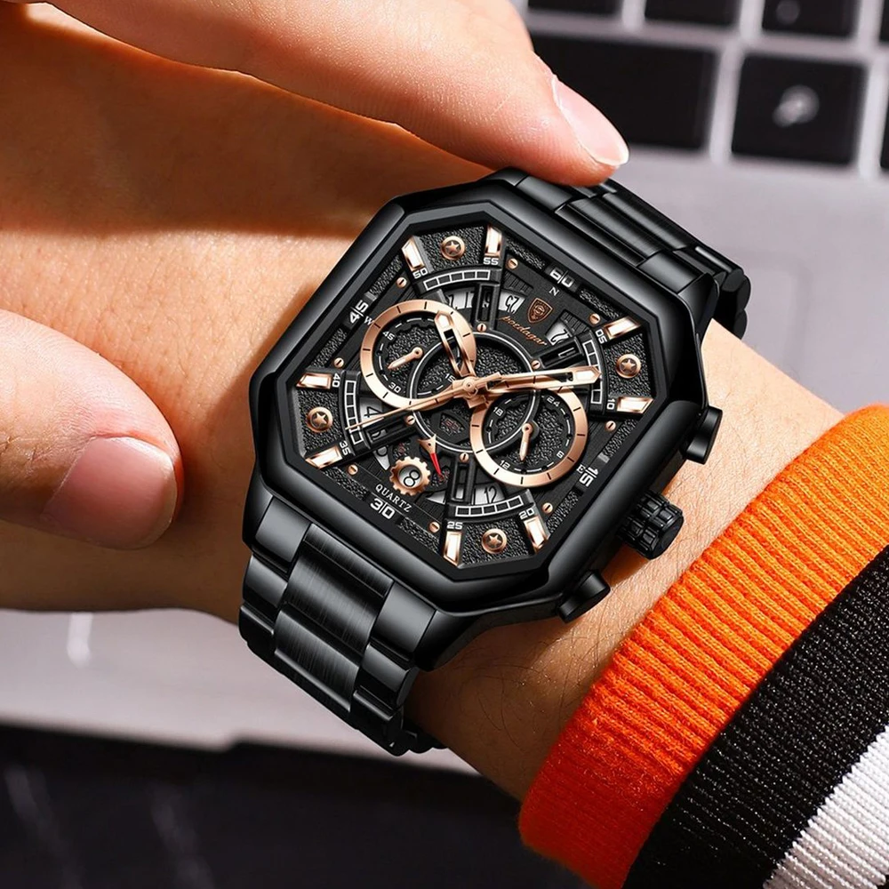 POEDAGAR Luxury Original Men Chronograph Date Man Watch Stainless Steel Quartz Men's Watches Waterproof Luminous Clock Reloj+box