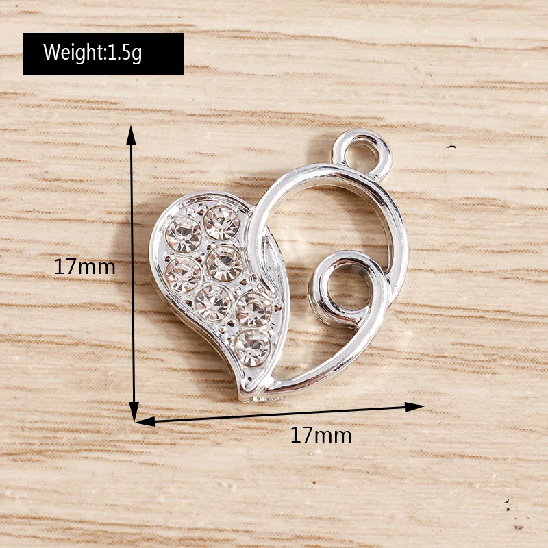 Tusember 10 Stück exquisite silberfarbene Kristall-Liebesherz-Charms für die Schmuckherstellung, modische Ohrringe, Halsketten, DIY-Anhänger – Detail 13