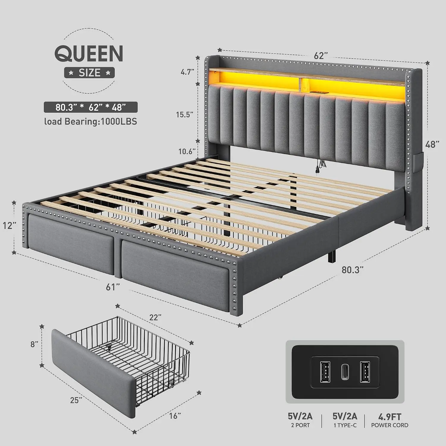 Queen Size Bed Frame with 2 Drawers，LED & Charging Station，Grey | Huge Storage Drawers for bedroom &, Customized