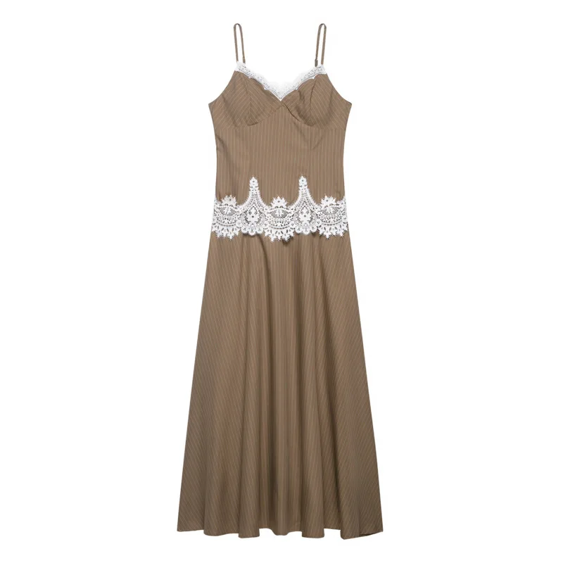 

Women's Fashion Casual Long Dress Women Navy Blue Khaki Striped Dress Lace Trim V Neck Strap Flared Hem Elegant Long Dress 1F83