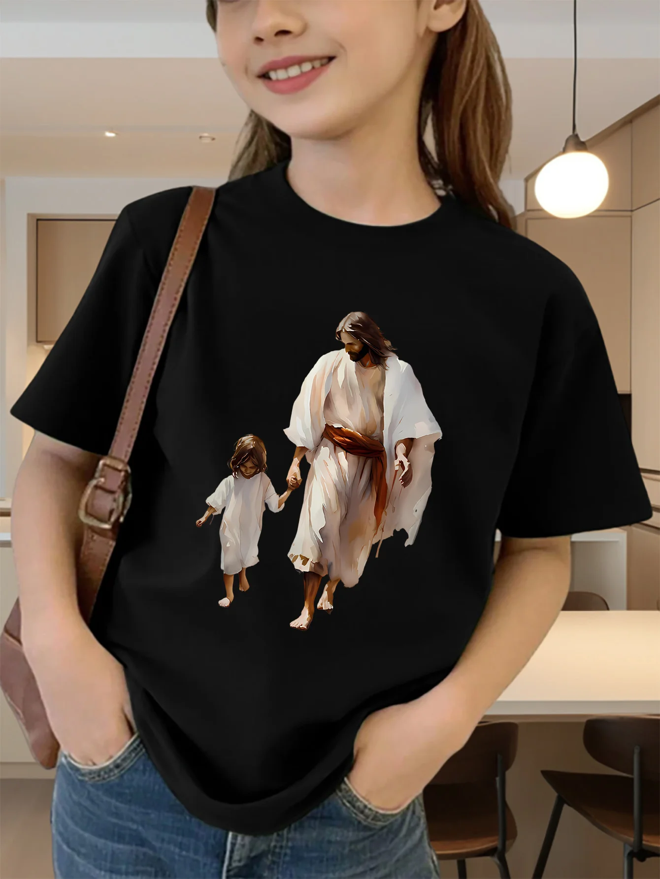 Cute Jesus Holding Child Faith Art Graphic Kids Tee Boys Girls Family Matching Cotton Crew Neck Short Sleeve Soft Summer Tee