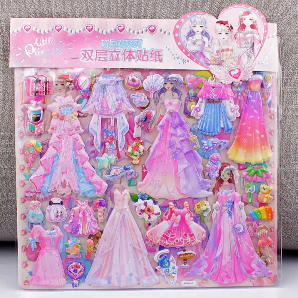 طبقة مزدوجة الأميرة تغيير ملصق فتاة تغيير الملابس اليدوية فستان الأميرة ملصقات منتفخ تنورة دانتيل ثلاثية الأبعاد