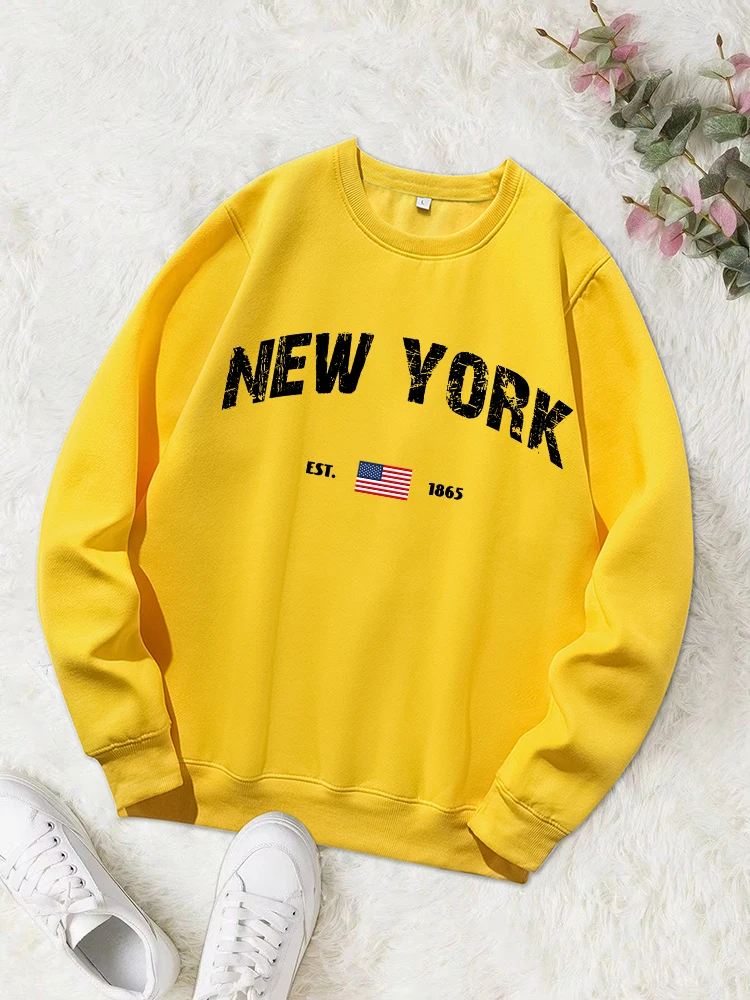 New York Flag Est 1865 Print Womens Hoody Korean Fleece Sweatshirt Simple Crewneck Hoodie Street Oversize Autumn Clothes Female