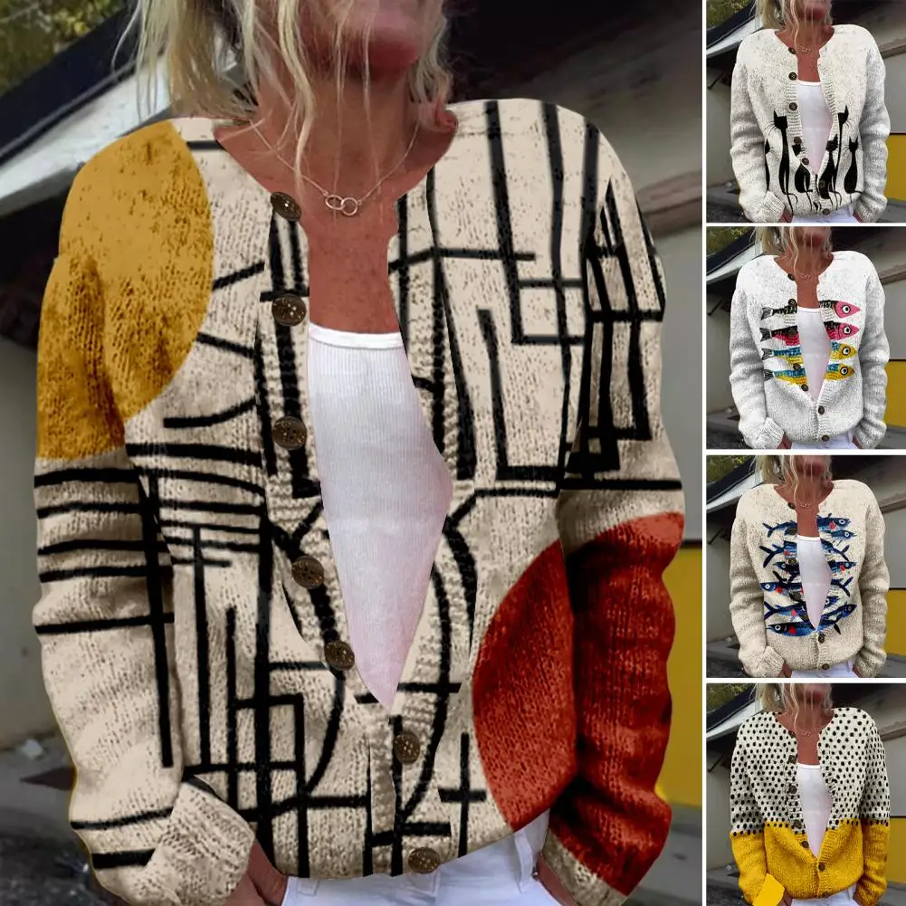 

Women Sweater Coat Round Neck Long Sleeve Animal Print Knitting Outerwear Cozy Print Cardigan for Women Stylish Knit Outerwear