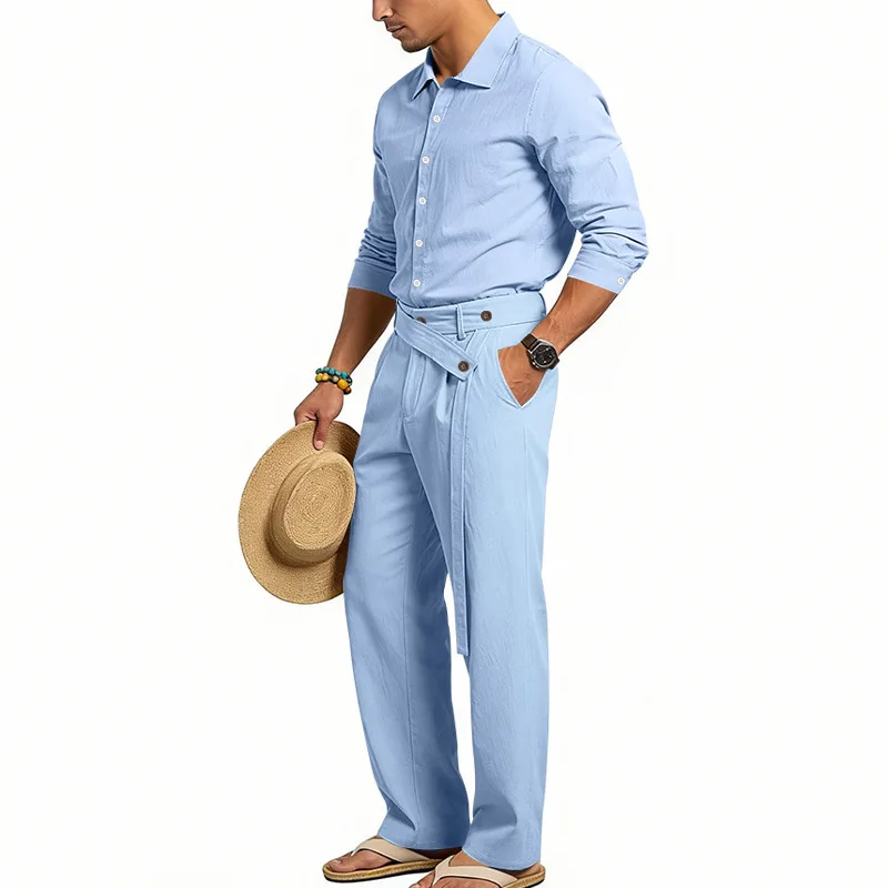 Europäisch-Amerikanisches Herren-Leinen-Freizeitset: Hemd mit Umlegekragen und Hose mit hohem Bund und Gürtel – Locker, atmungsaktiv, für Urlaub und Strand – Detail 36