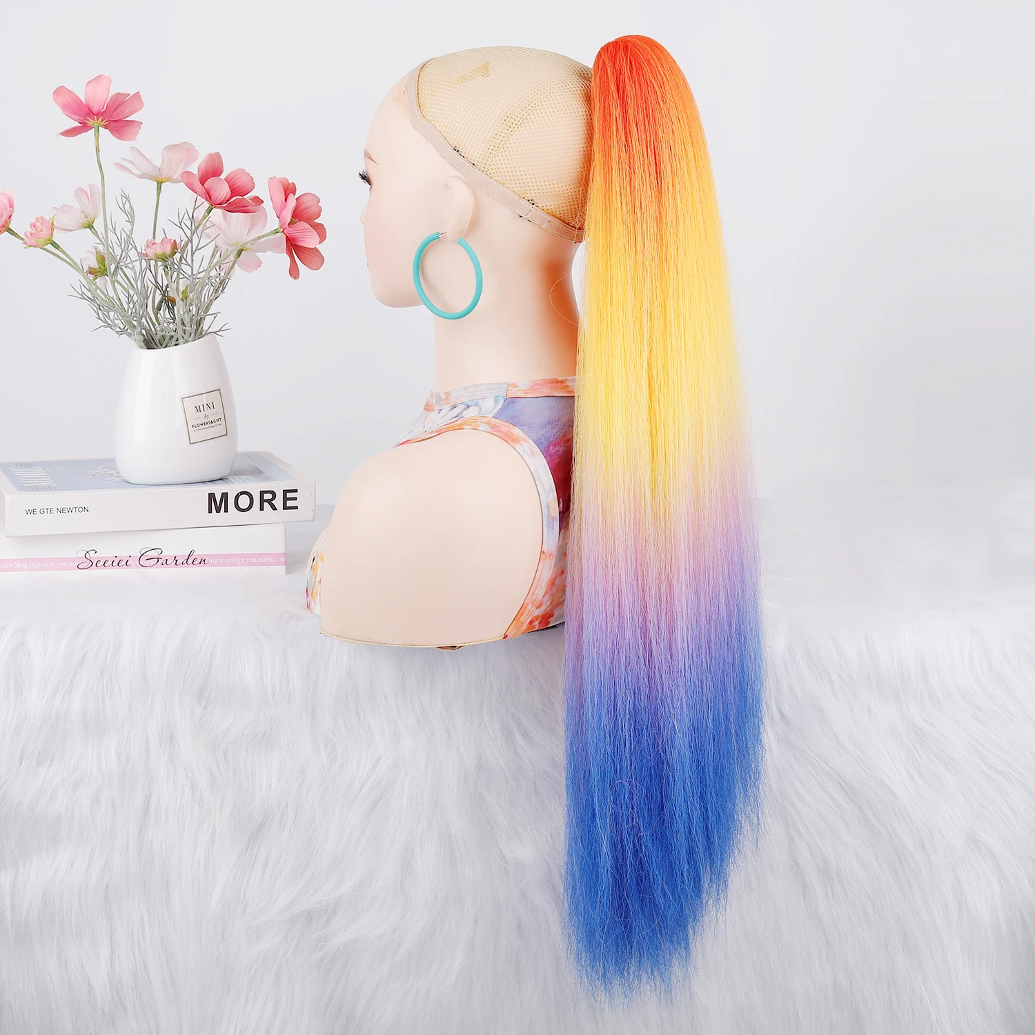 Jeedou 포니테일 헤어 익스텐션 클로 클립 온 야키 스트레이트 포니테일 레인보우 옴브레 컬러 합성 헤어피스 코스프레 가발