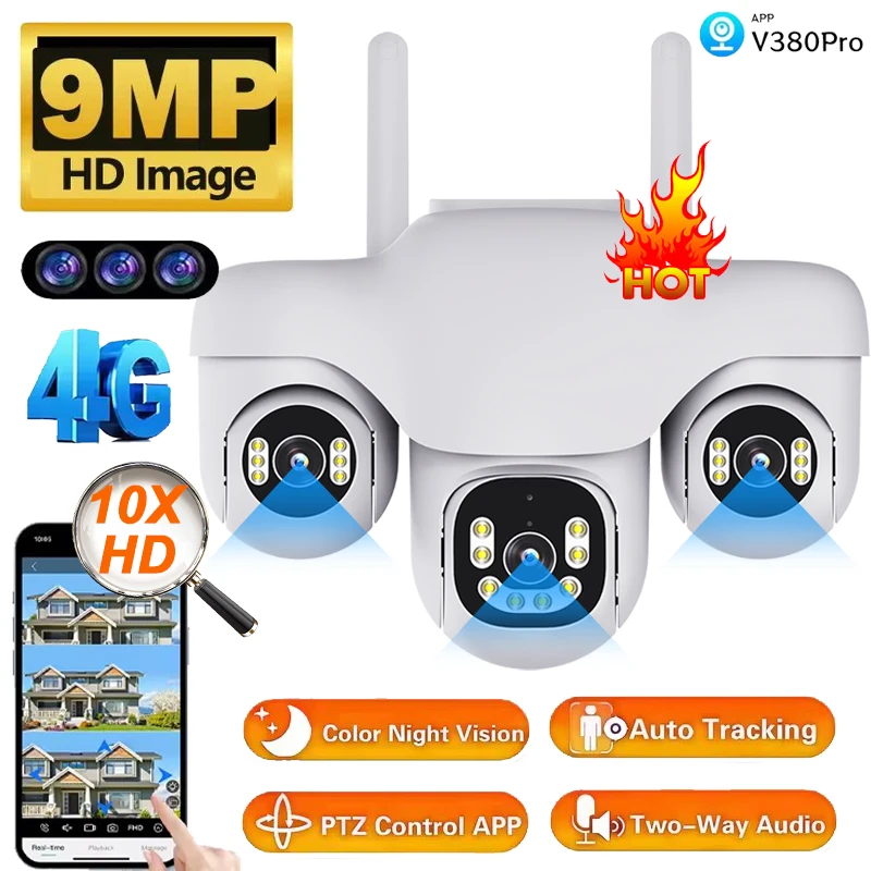 

Three Lens 9MP 4G Outdoor Surveillance Camera Wireless V380 Pro Security CCTV Night Vision Two-way Audio Monitor Motion Detect