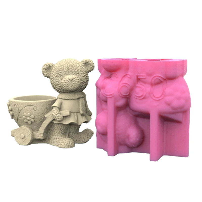 1 PCS Exquisite Artistic Flower/Makeup Brush Holder Organizer &Bear Statue Planter Pot Mold Pink Silica Gel