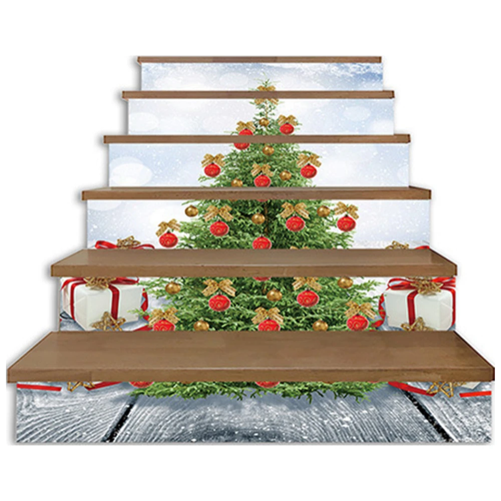 Christmas Tree Stair Riser Stickers 6Pcs 100x18cm Xmas Gift Snow Scene Vinyl Decals Removable Staircase Wall Art for Home Decor