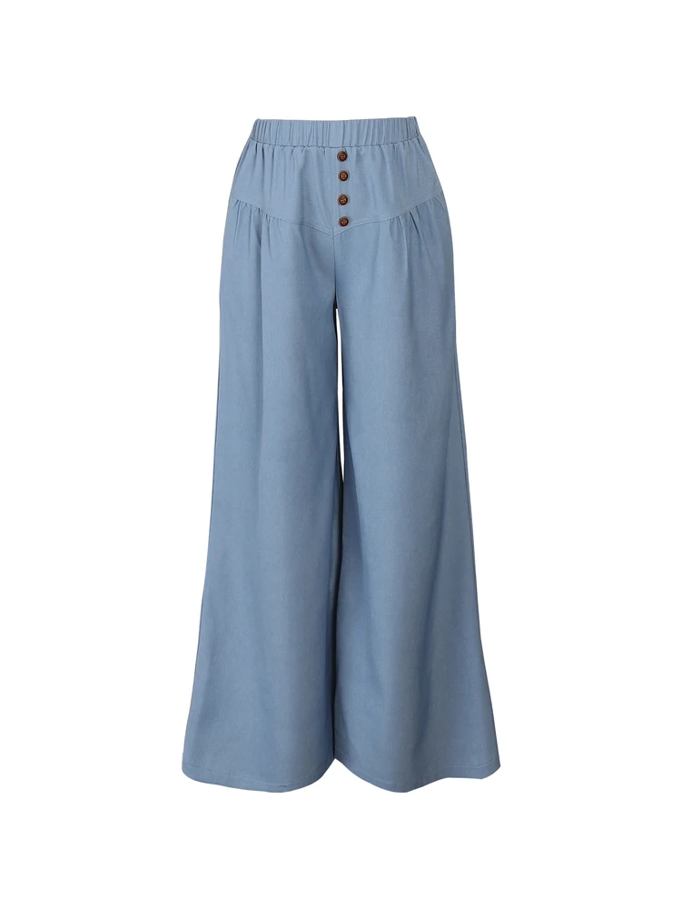 Women's Pure Color Casual Wide Leg Pants Button Front Pleated Loose Fit for Everyday Beach Holiday Wear