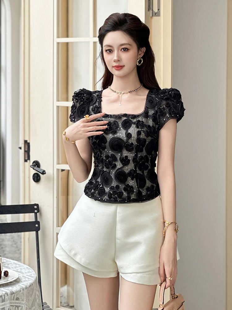

Новая черная женская блузка с коротким рукавом, 3D цветочная блестящая сетка, тонкие короткие топы, элегантная вечерняя футболка, повседневная уличная одежда, мода