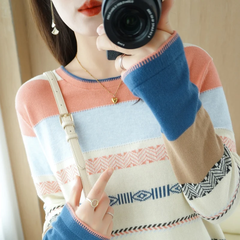 Spring And Autumn 2022 New Sweaters Cotton Knitwear Women Crew Neck Color Contrast Stripe Versatile Long Sleeve Underlay Fashion