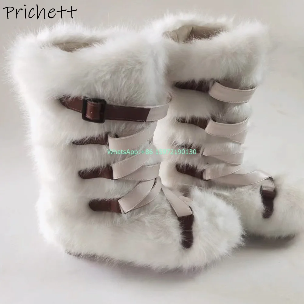 Cony Hair Soft Snow Boot Buckle Belt Round Toe Mixed Color Knee High Boots Large Size Customize Color Fashion Runway Boots