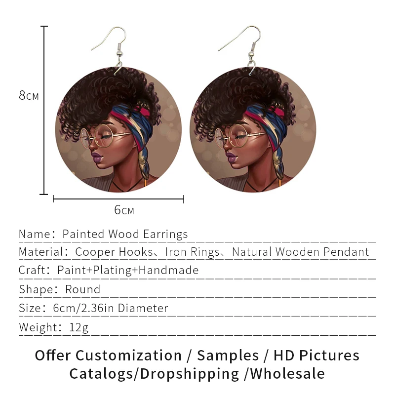 SOMESOOR Both Sides Print Black Goddess Wooden Drop Earrings Lovely Curly Girl Afro Natural Hair Braid Design For Women Gifts