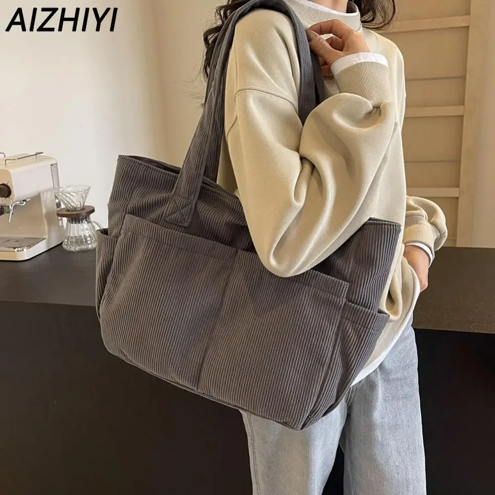 

Winter Corduroy Tote Bag for Women Multi Pockets Shoulder Bags Casual Tote Handbag Purse Shopping Bag Female Top Handle Bag 2024
