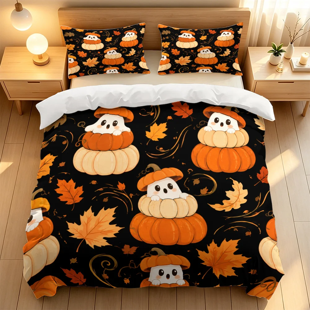 3-Piece Set of Cute Ghost Pumpkin 2D Flat Design Duvet Cover Set, Trendy Soft and Breathable Bedding Set (1 Duvet Cover and 2 Pillowcases), Suitable for All Seasons Home Bedroom Decoration
