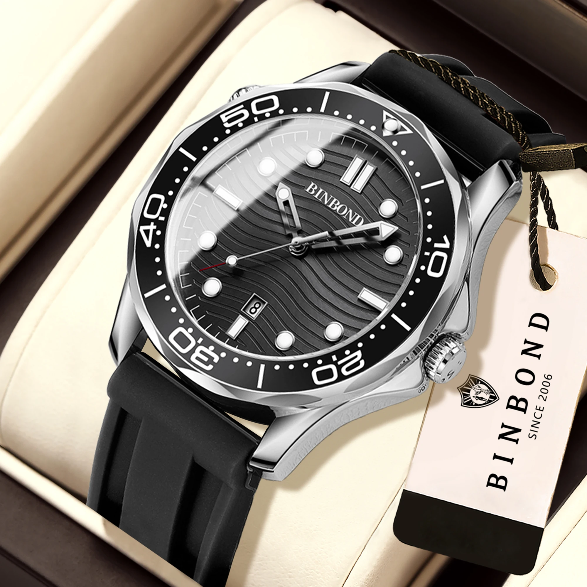 BINBOND Luxury Quartz Watch for Men Auto Day Luminous Waterproof Corrugation Men's Watch Business Sport Fashion Casual Reloj+Box