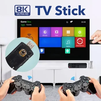 X8 TV 및 게임 스틱 미니 휴대용 비디오 게임 스틱 10000 게임 + IPTV 헤이 레트로 64 비트 PS1 PS2 무선 스틱 4K 안드로이드 TV 박스