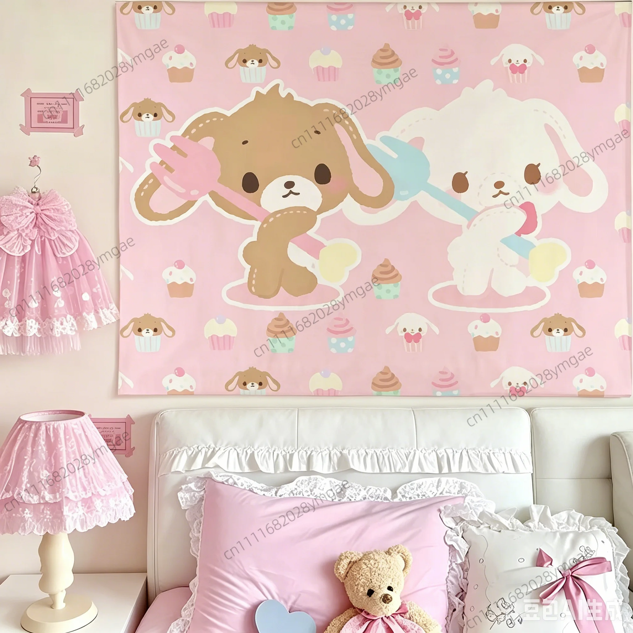 Cartoon Kawaii Pink Tapestry Cute Anime Girls Bedroom Wall Tapestries Babys Party Banners Background Cloth Room Art Flags Gifts