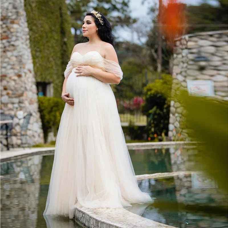 Fora do ombro vestido de malha para grávida foto shoot mulheres gravidez tiro corpo premama verão uma linha sólida elegante maxi vestidos