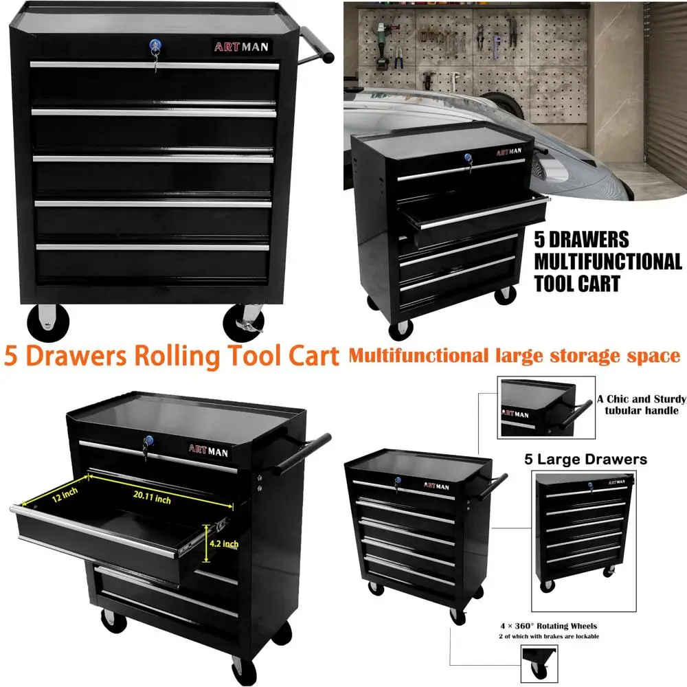 Carrello portautensili multifunzionale con 5 cassetti grandi, cassapanca portaoggetti per soluzioni di stoccaggio dell'officina