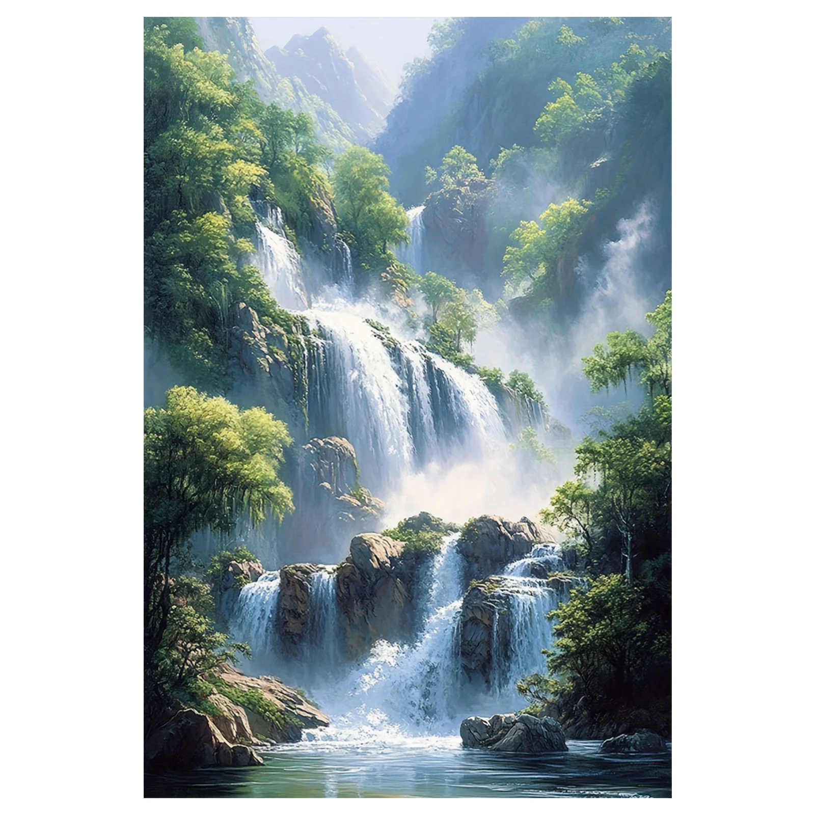 Majestic Waterfall Canvas Wall Art - Frameless 12x18 Inch Poster with Lush Greenery & Misty Falls, Serene Landscape Decor for Be