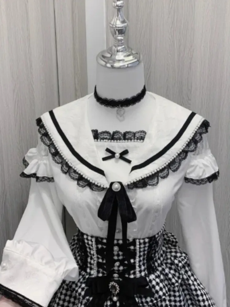 Kawaii لوليتا بلوزة المرأة بحار طوق قميص Y2k الجمالية الدانتيل المرقعة الجرونج القمم JK لطيف القوس زر Blusas اليابانية 2025