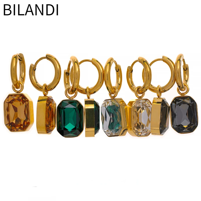 Bilandi Stainless Steel Cubic Zirconia Drop Dangle Earrings Trendy Jewelry Gold Color Square Geometric Earring For Women Jewelry